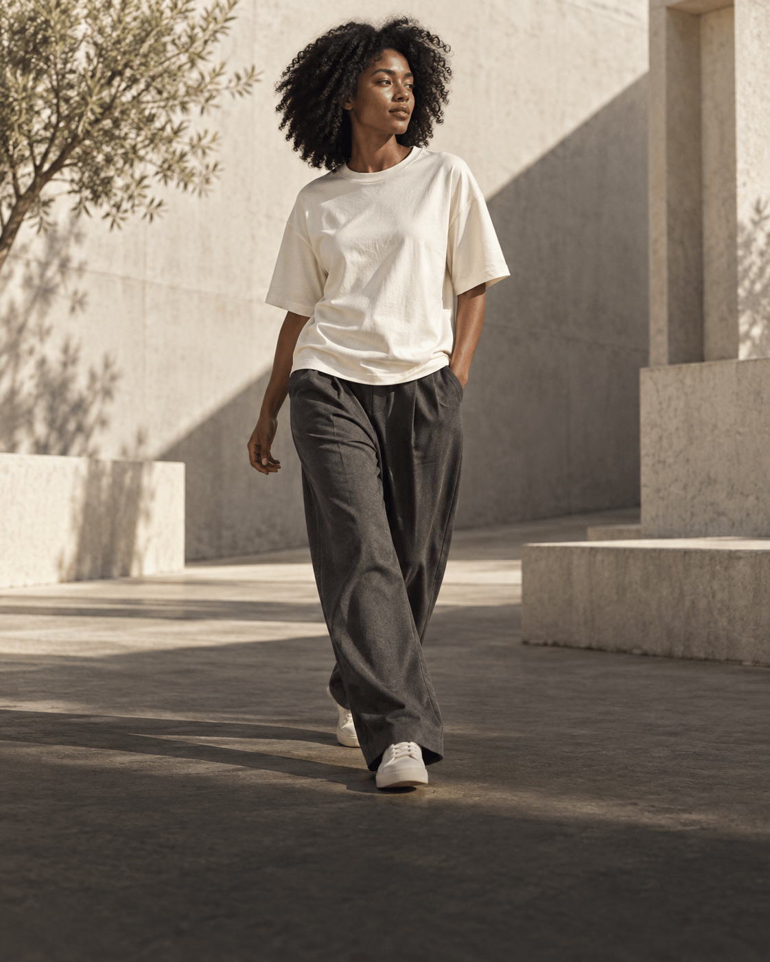 Woman in an ivory tee and charcoal trousers walking through a sunlit courtyard