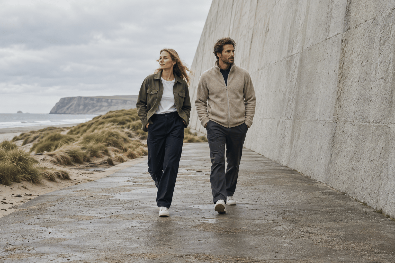 Two people wearing relaxed neutral layers beside a coastal concrete wall